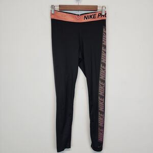 Nike Pro Warm Logo Athletic Leggings Size S Black Full Length Ankle Running Gorp